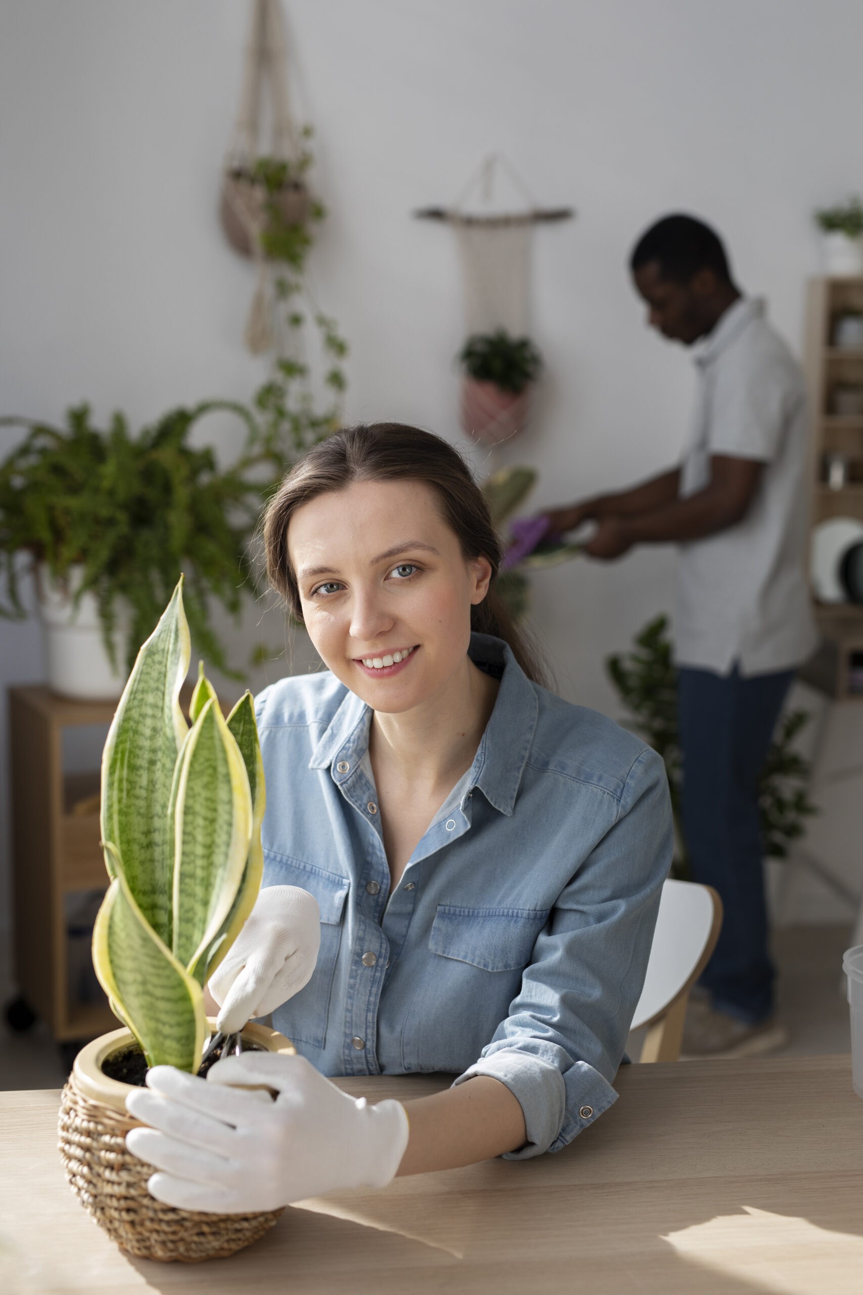 homem e mulher aplicando a sustentabilidade e plantas em casa 